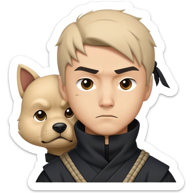 clash-of-clans-aesthetic_-cinematic-mysterious-male-ninja-portrait-emoji, rendered in a flat, vector-style with minimal shading and bold, simplified shapes,   with a head slightly turned revealing intense, focused eyes. the ninja is accompanied by a Ninken dog sticker