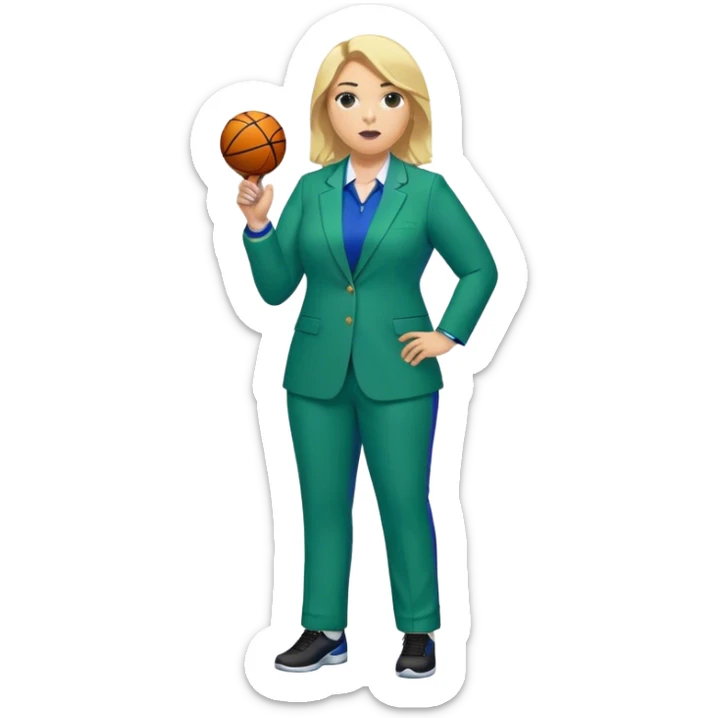 Full Body white plus size female basketball head coach with whistle  blonde hair past the shoulder length in a blue and green suit sticker