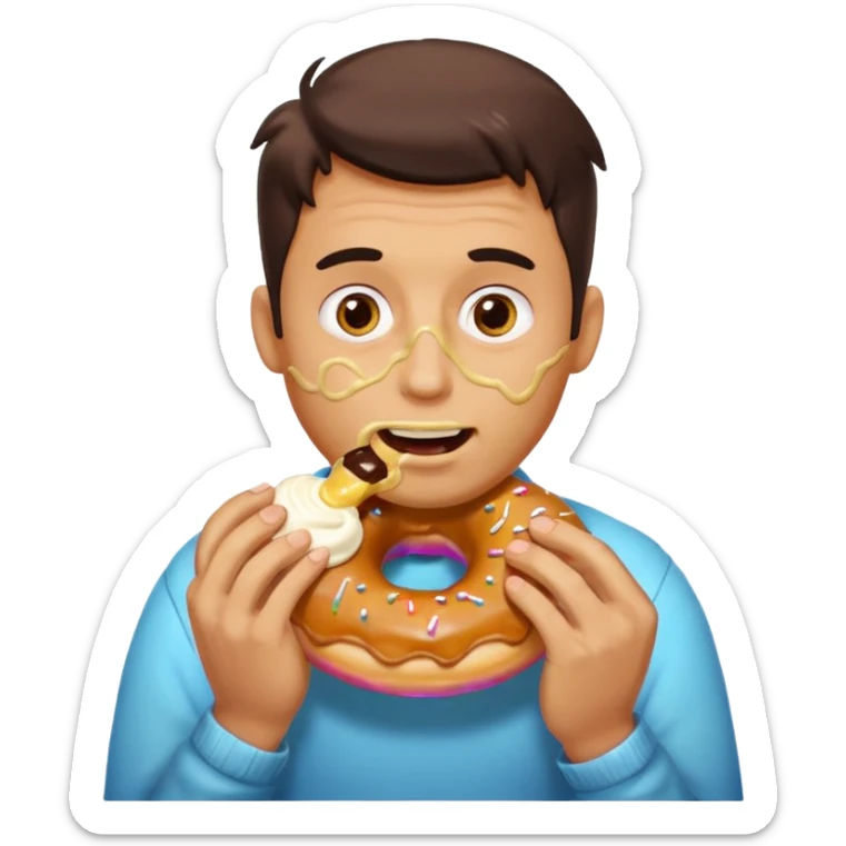A man messily eating a filled donut, the donut is filled with Boston cream and it’s making a mess everywhere sticker
