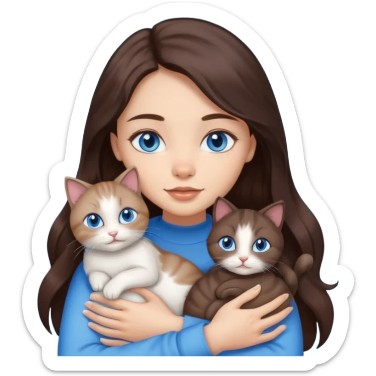 a pretty girl with long dark brown hair, with blue eyes, hugs 3 different natural coloured small cats sticker