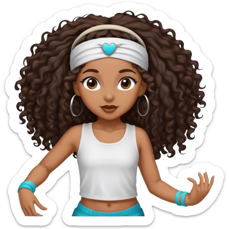 Dancing brown girl with long darn brown curly hair with headband hip hop sticker