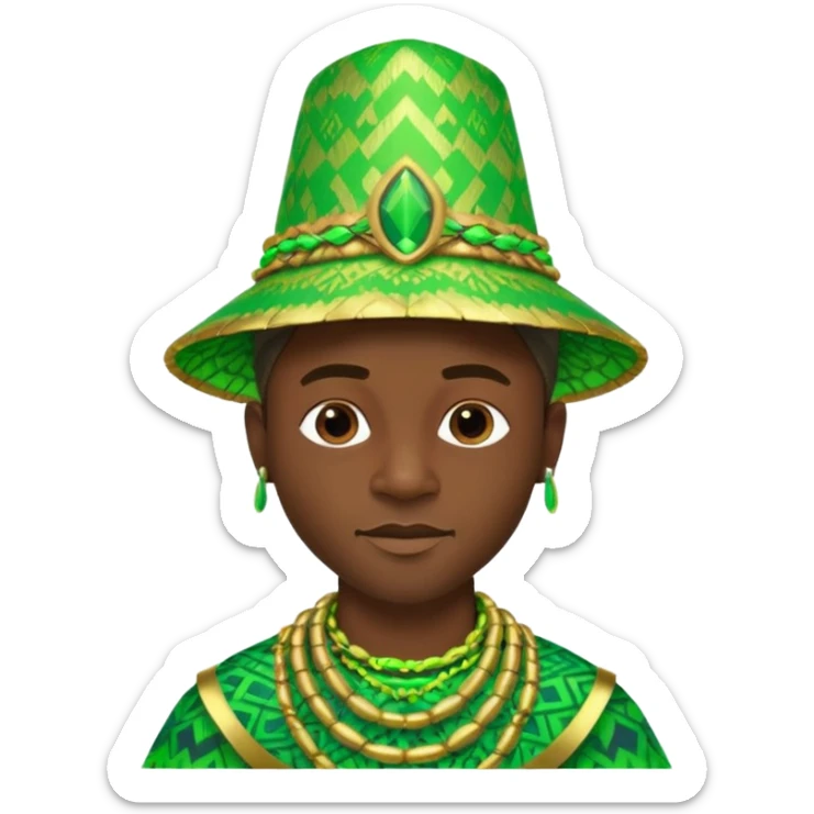 Create me an emoji of a cool Young Nigerian king wearing a neon green gradient African patterns with metallic "hula hat" (a Nigerian-inspired hat).  sticker