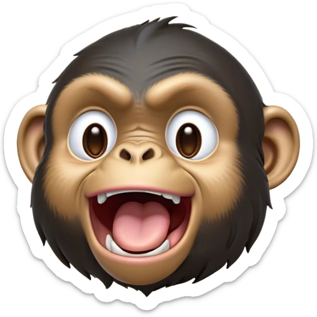 Cinematic Cute Yawning Chimpanzee Portrait Emoji, Head tilted slightly with a dramatic, wide-open yawn, showcasing a gently textured face with half-closed, drowsy eyes and an open, relaxed expression, Simplified yet irresistibly adorable features, highly detailed, glowing with a soft, cozy glow, high shine, relaxed yet expressive, stylized with a dash of whimsical primate charm, soft glowing outline, capturing the essence of a drowsy yet affectionate guardian that seems ready to stretch out for a nap! sticker