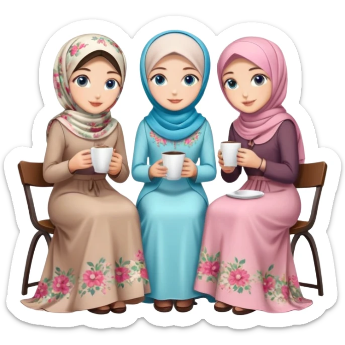 Turkish beautiful finish Konya girls blue eyes with floral Beauty hijab long tail dress and the two friends sits on the chair on the ground and holds cup coffe with her hand  sticker