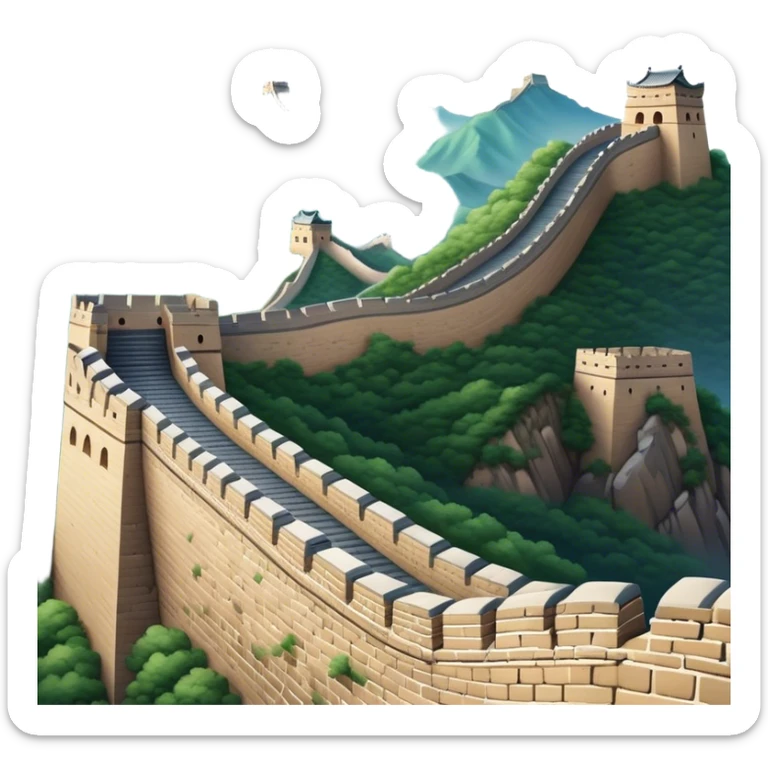 Cinematic Realistic Great Wall of China Landmark Emoji, depicted as ancient fortifications winding across majestic mountains, rendered with intricate detail and dramatic lighting. sticker