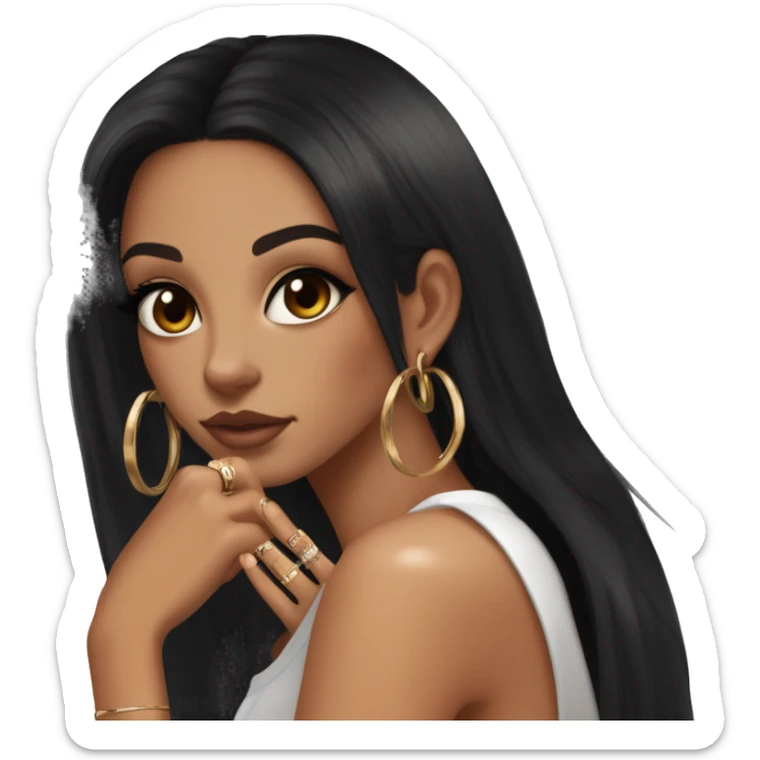 Glamorous, streetwear, black hair, long straight hair, olive skin, brown almond eyes, winged eyeliner with big lashes, wearing hooped earrings, rings and bracelets, almond fake nails sticker