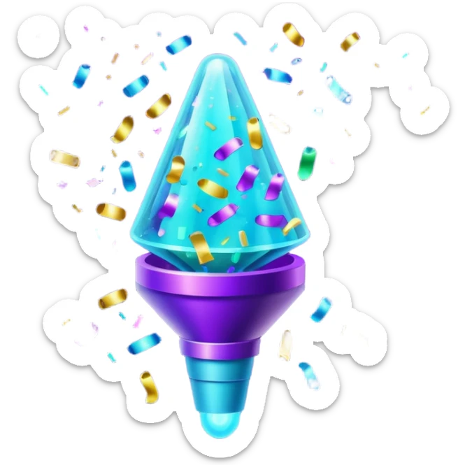 Futuristic glowing confetti popper emoji, holographic purple and cyan colors, emitting confetti and sparkles, dark background, vibrant celebration atmosphere, no face. sticker