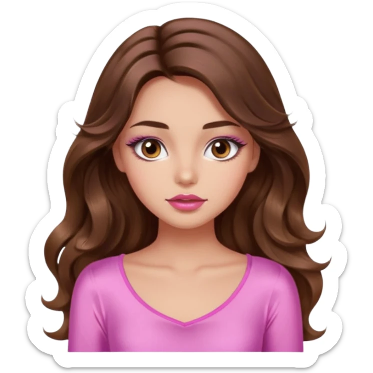 girl with long wavy brown hair, brown eyes, light to medium complexion, in a pink sexy top, pink lips, long lashes, silent motion sticker