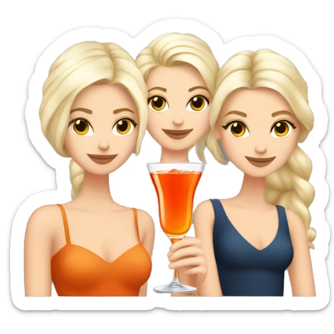 Four beautiful white european girls, one with blond hair and three with dark blond hair in dresses drinking aperol sticker