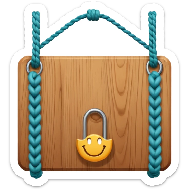 3D cartoon style wooden hanging signboard, smooth polished wood texture, rounded edges, detailed wood grain, thick twisted ropes going through holes on both sides, hanging rope knots visible, isolated on white background, soft shadow, high resolution, digital illustration, centered composition sticker