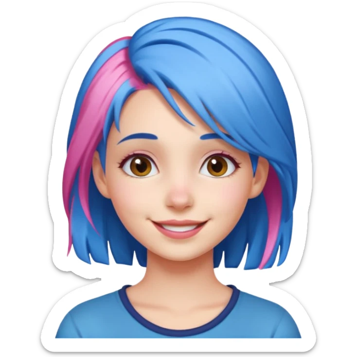 a girl with blue and pink hair, smiling from the side, very contagious smile, apple style emoji iOS 26 sticker