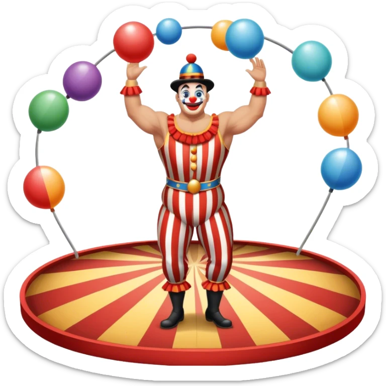 Icon for Circus Arts: a vibrant round circus arena with a strongman in a striped costume, a juggler performing and a clown entertaining the crowd. The icon should capture the energy and excitement of a circus performance. Transparent background. sticker