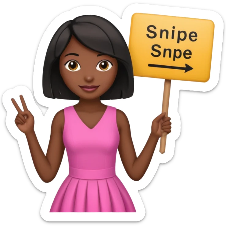 Dark skin woman with black bob in hair holding sign that says snipe  wearing pink dress  sticker