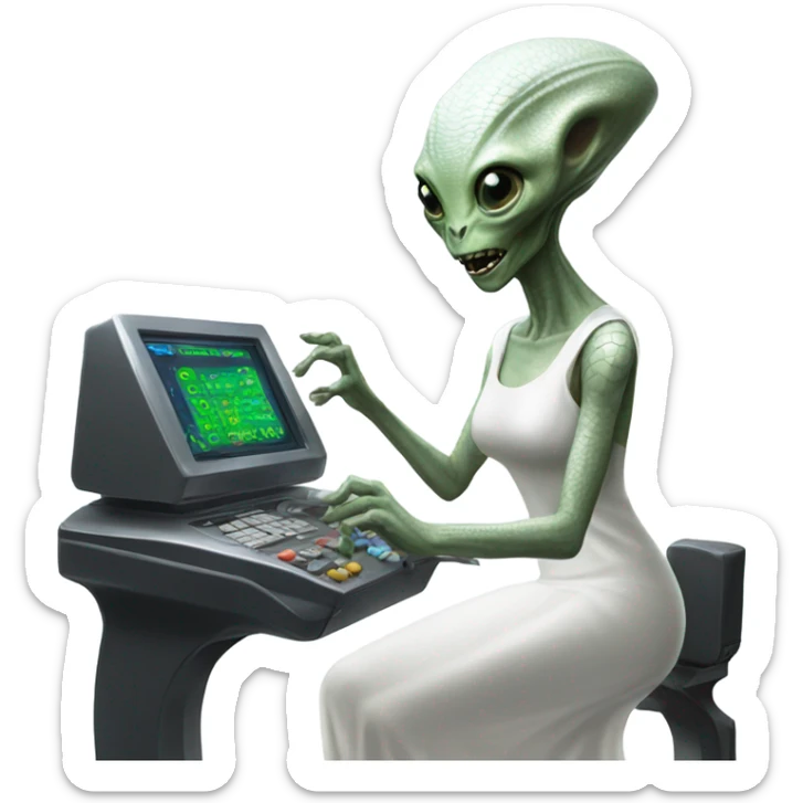  a Reptilian alien woman, in white dress, use a drive console sticker