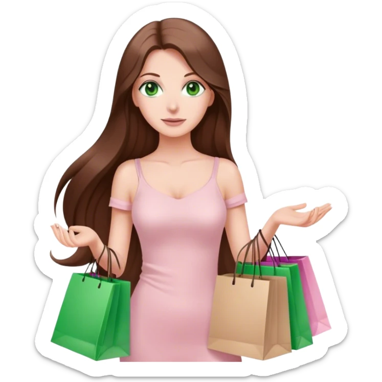 pretty white woman with very long brown hair and green eyes and light pink outfit holding a ton of shopping bags sticker