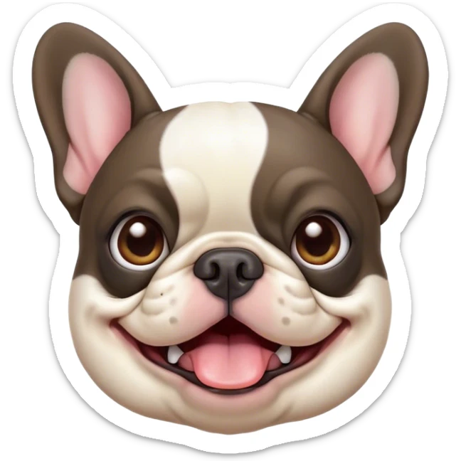 Cinematic Comical Pied French Bulldog Portrait Emoji, Head tilted with an exaggeratedly shocked, comical expression and wide, humorously expressive eyes, showcasing a distinctive pied fur of contrasting hues and a charmingly goofy face, simplified yet hilariously detailed, glowing with a sassy, playful radiance, high shine, exuding a mischievous and meme-worthy charm, styled with a soft glowing outline, capturing the essence of a Pied French Bulldog that looks ready to spark a viral laugh! sticker