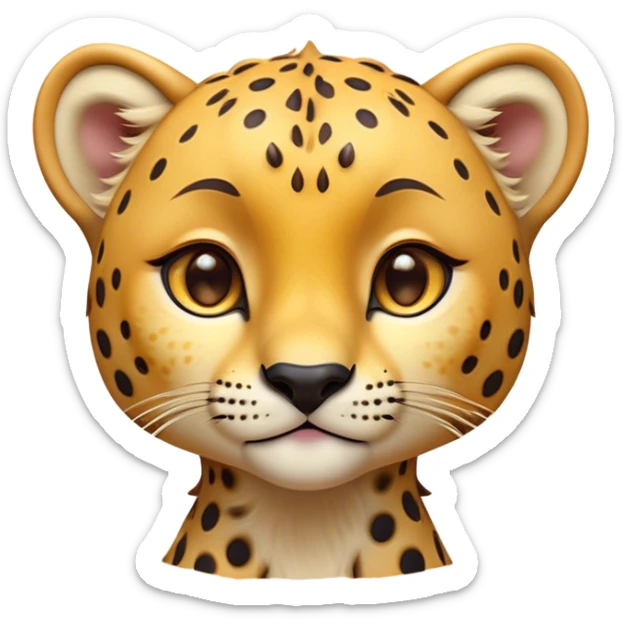Cinematic Cute Cheetah Portrait Emoji, Head tilted playfully and inquisitively, featuring a glossy, golden spotted Fur with a natural sheen, round, sparkling amber eyes filled with curious mischief, Simplified yet irresistibly adorable features, highly detailed, glowing with a warm, friendly glow, high shine, affectionate and agile, stylized with a touch of savannah whimsy, bright and endearing, soft glowing outline, capturing the essence of a mischievous yet loving cheetah, so playful it feels like it could dash out of the screen and into your arms! sticker