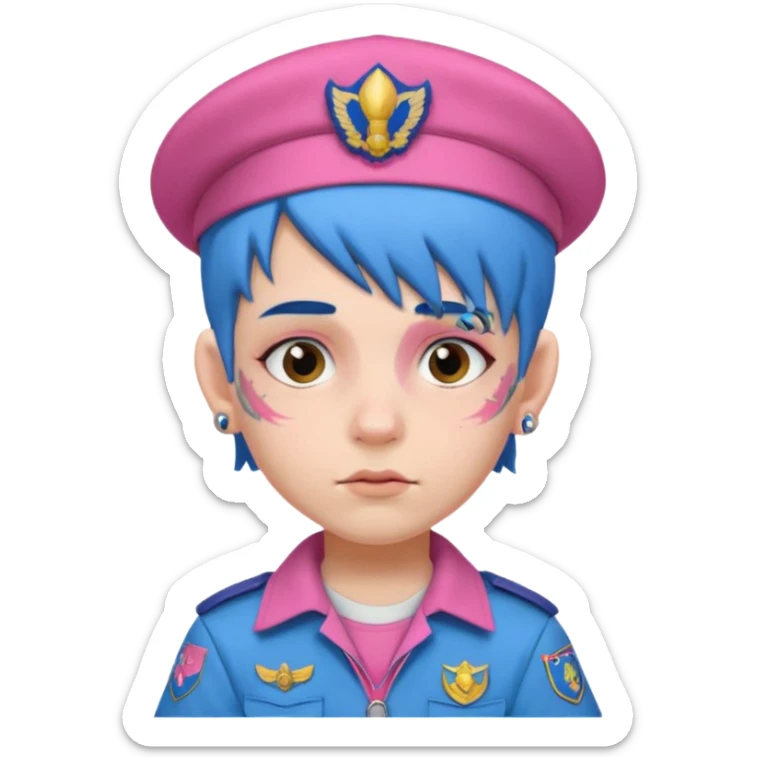 scout boy with very pink scout uniform, blue haired and hat, heavy face tattoed sticker