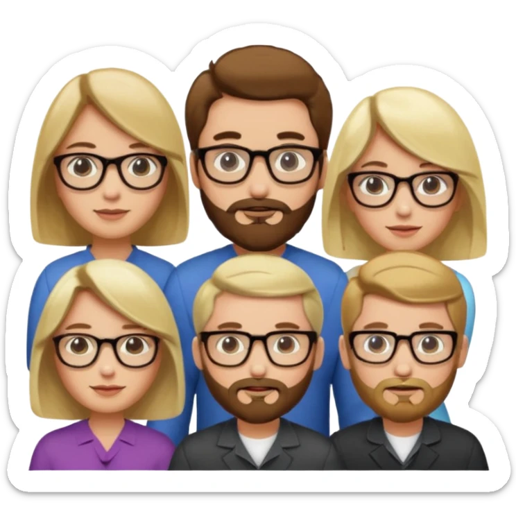A man with hair and glasses and  a woman with long brown hair and a man with a beard and a woman with a blonde bob sticker