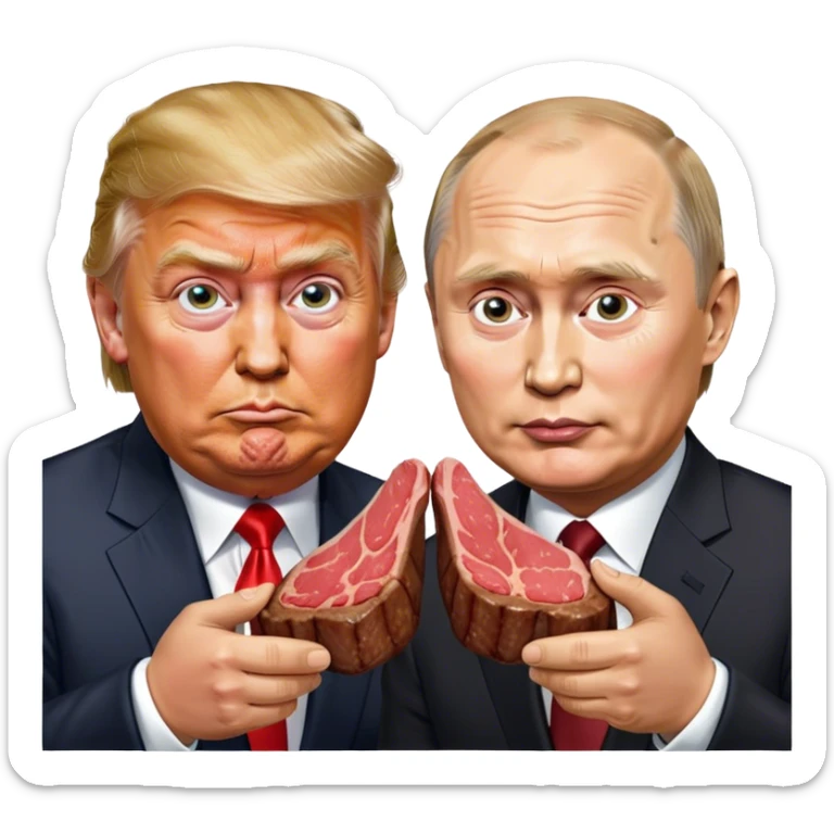 photorealistic Donald Trump and Putin eating a steak shaped like an piece of land sticker