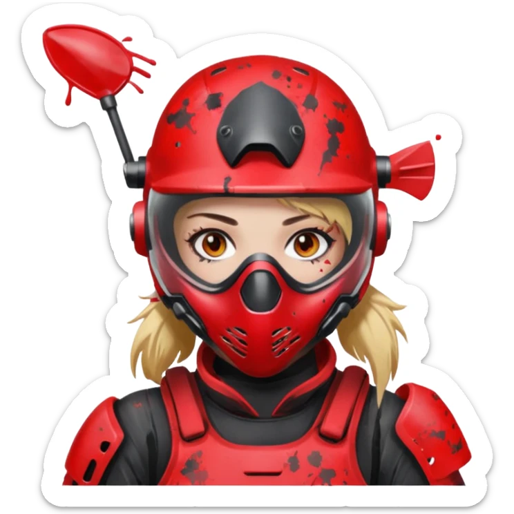 girl playing paintball with red paintball gear and only face sticker