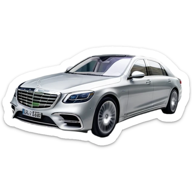 Mercedes-Benz S-Class (2022) – cinematic-realistic Mercedes-Benz S-Class emoji, its sleek silver body cutting through the city streets, a symbol of refinement and prestige. The air suspension glides over uneven terrain, while the driver enjoys the serene comfort of the cabin, surrounded by cutting-edge technology. sticker