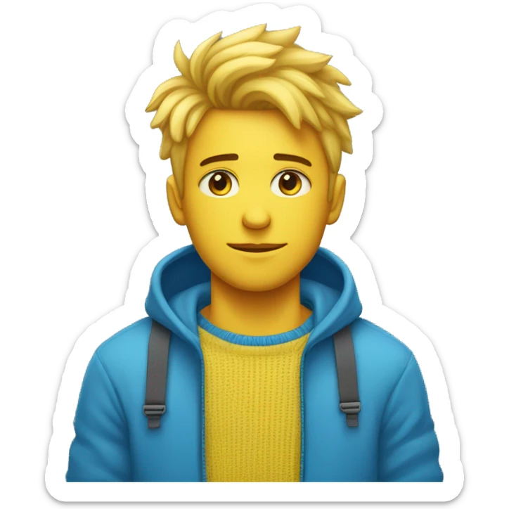 Garçon choqué aux cheveux et yeux bleu qui porte un pull bleu avec une étoile jaune sur un côté du pull sticker