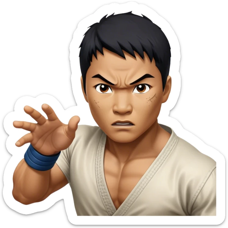 ​Cinematic Realistic Portrait of Tony Jaa, a close-up depiction capturing his intense, determined expression and finely detailed features, rendered with dramatic natural lighting that emphasizes his rugged athleticism and unmistakable martial arts presence, sticker