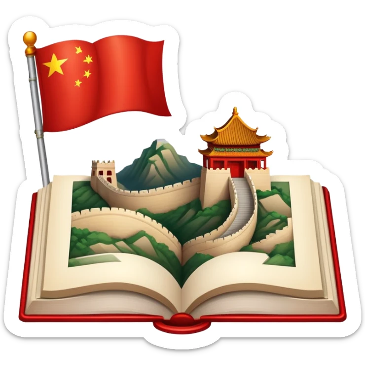 An icon featuring the Great Wall of China and the flag of China, symbolizing the Chinese language. The design includes an open book with Chinese characters and a red lantern, representing language learning and rich cultural tradition. Transparent background highlights the depth of Chinese heritage. sticker