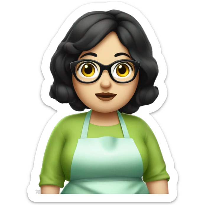 chubby lady with black hair and big eyes green apron  with glasses cooking  sticker