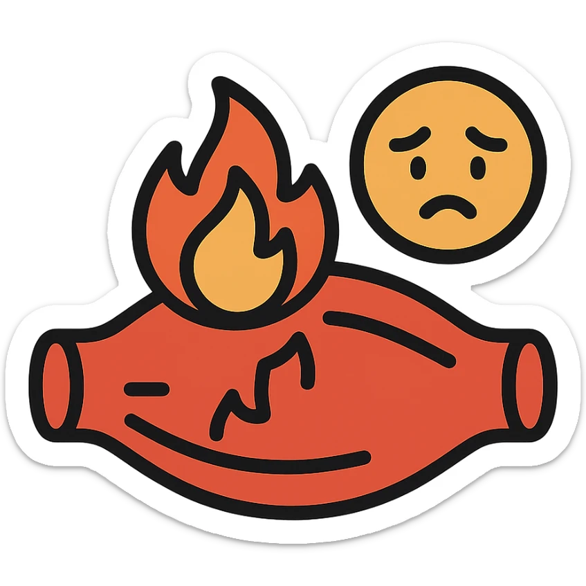 inflamed muscle or joint with fire symbol, sad face, orange-red color palette, medical cartoon icon sticker