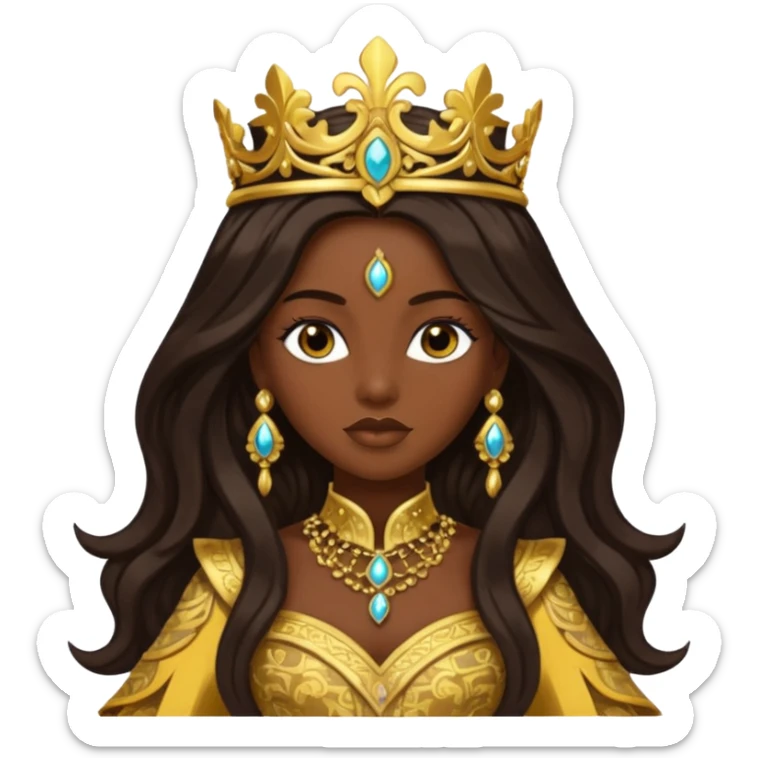 Bilquis from American Gods with dark skin, dark brown long hair, gold outfit sticker