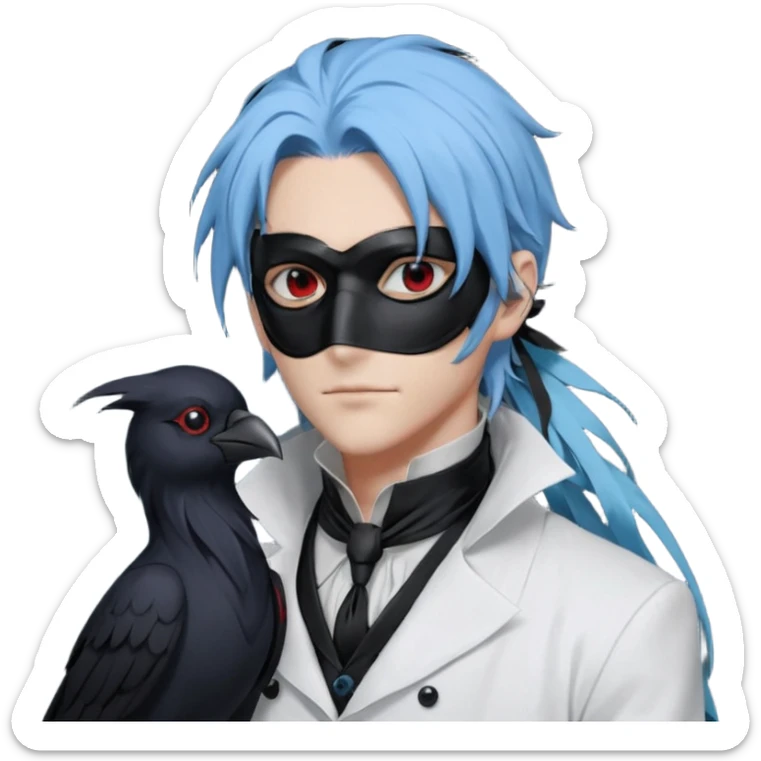 Handsome sexy adult anime man with light-blue hair and a black bird beak mask that covers whole face, black face mask, black mouth mask, black feathers draped over shoulder, wearing a white lab coat, long thin hair tendrils on the sides, with a mechanical raven sidekick, blue cravat, red eyes sticker