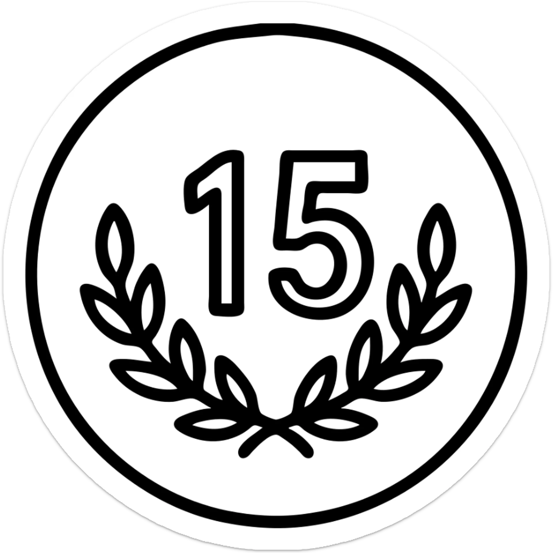 Minimalist icon for 15 Years in Tourism Industry in black outlined style with the same color code and format as the reference images. Place a number 15 with a laurel or ribbon inside the circle. sticker