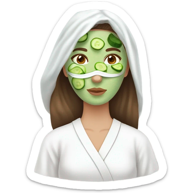 White girl with Brown hair and blue eyes wears a Green clay colored skincare textured mask and puts on cucumbers around her eyes while She relaxes in her white Robe sticker