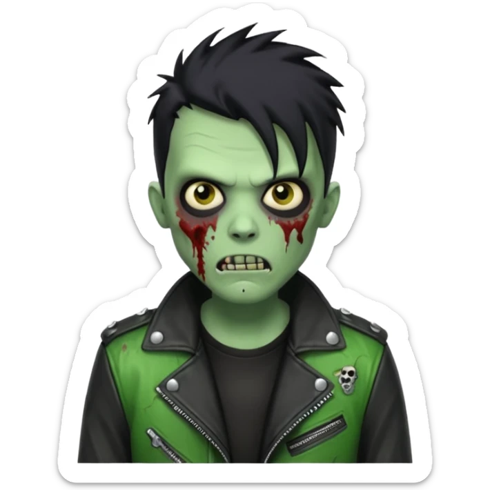 Hombre zombie de piel verde con chaqueta de cuero punk, pelo negro sticker