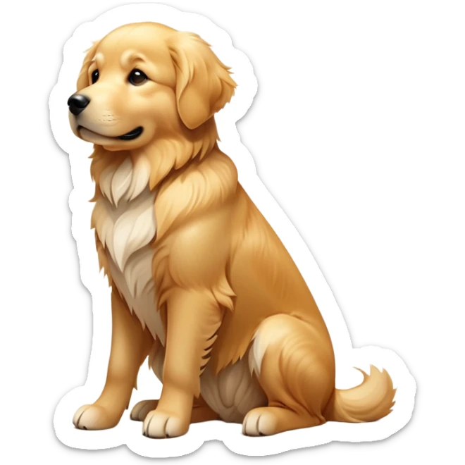 cinematic-[golden retreiver]-realistic-full-body-sitting-emoji,-tail-resting-loosely-beside-its-paws,-head-tilted-dramatically,-sleek-[golden]-fur,-simplified-yet-realistic-focused-features,-highly-detailed,-glowing-with-an-almost-sarcastic-glow sticker