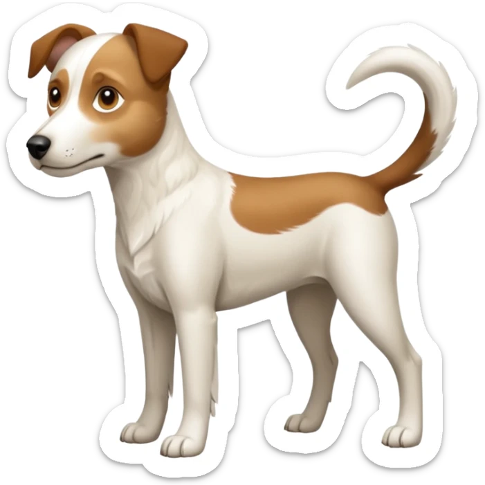 a full body large white parson russell looking dog the size of a kelpie with light brown flapped down ears and a light brown patch on one eye and a large snout sticker