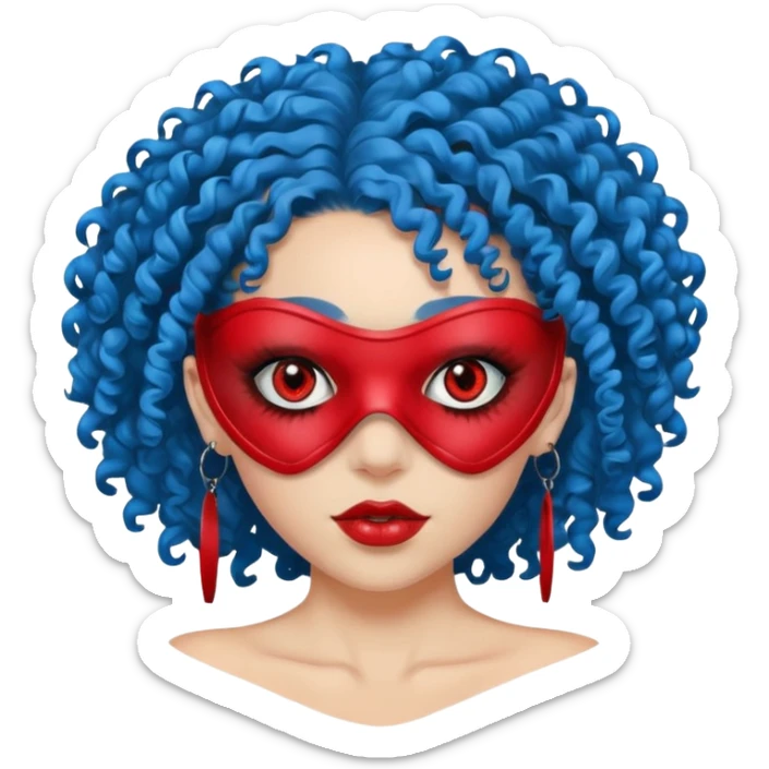 blue curly haired girl with huge earrings, wearing red paintball eye mask, sticker