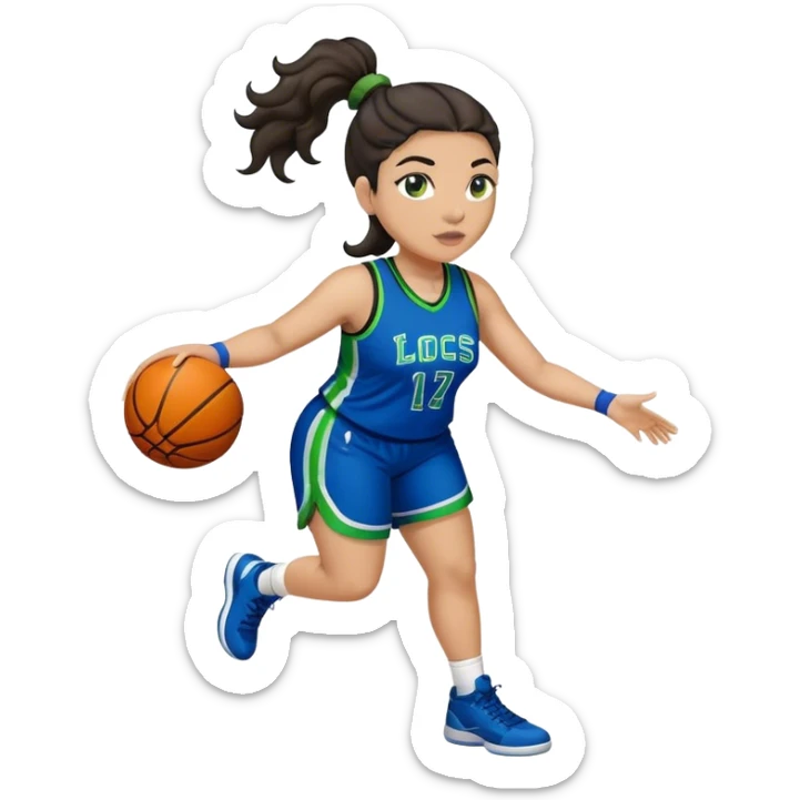 full body plus size light skin latino women basketball player with wavy dark hair in pony tail wide nose wearing blue uniform with green accent sticker