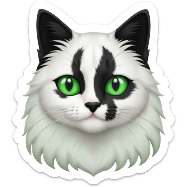 black and white long hair cat. green eyes. black nose. black splotch in the shape of a star near nose (on the right side). white chest. sticker