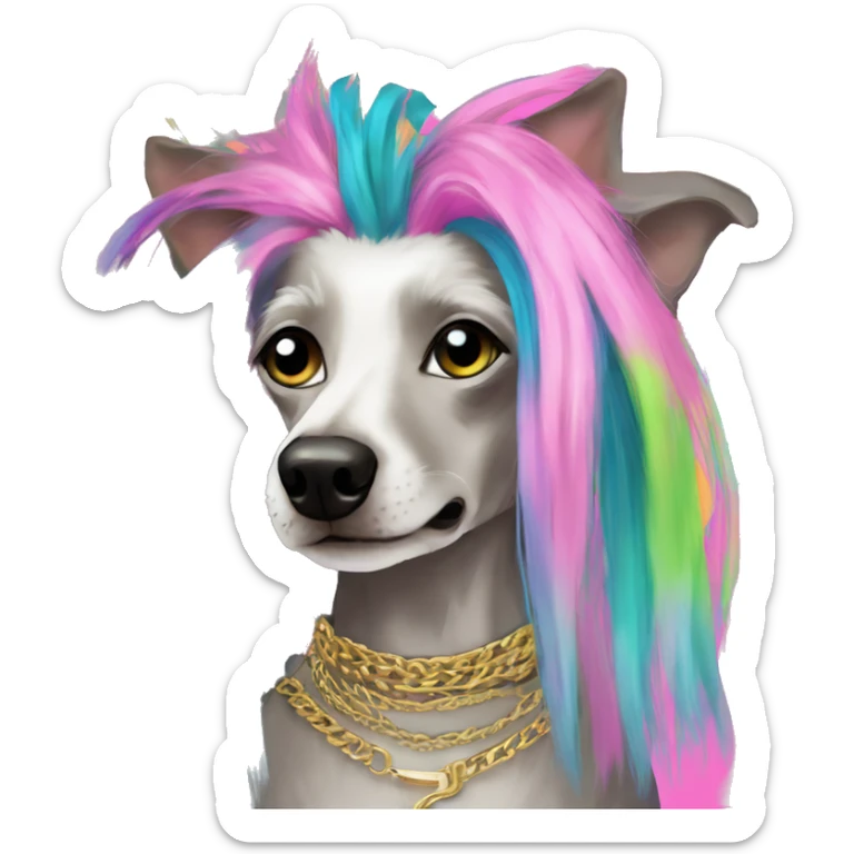 Punk Chinese crested dog neon rainbow hair gold chain punk piercings tattoos punk ear piercings sticker