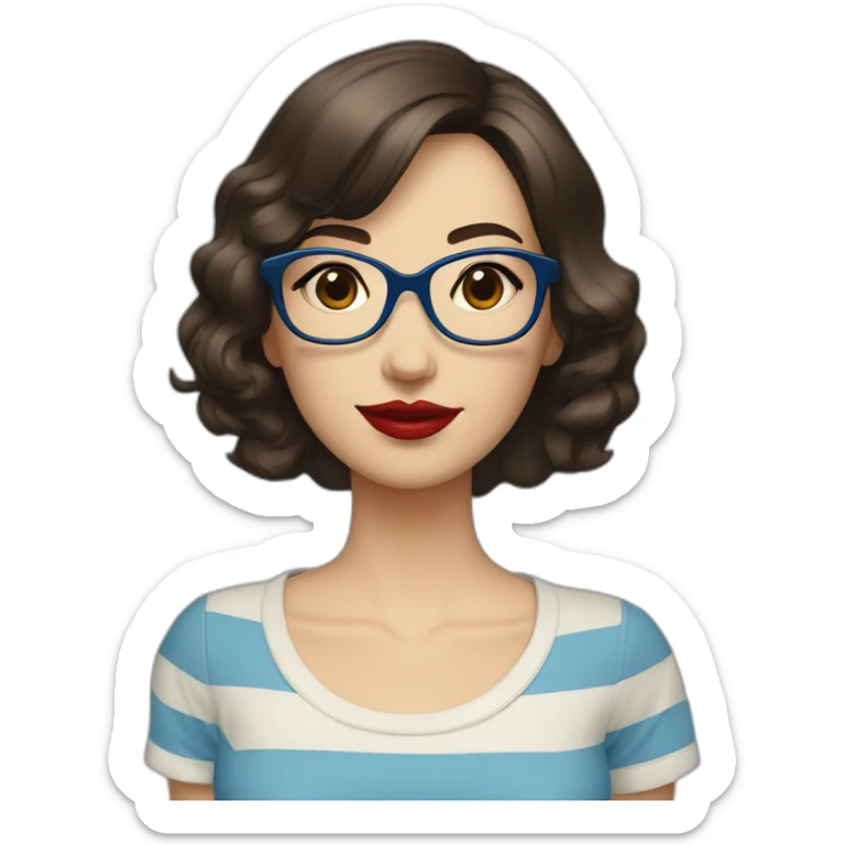 caucasian woman with retro glasses, dark brown hair, a bob haircut, bangs, red lipstick, blue and white striped t shirt sticker
