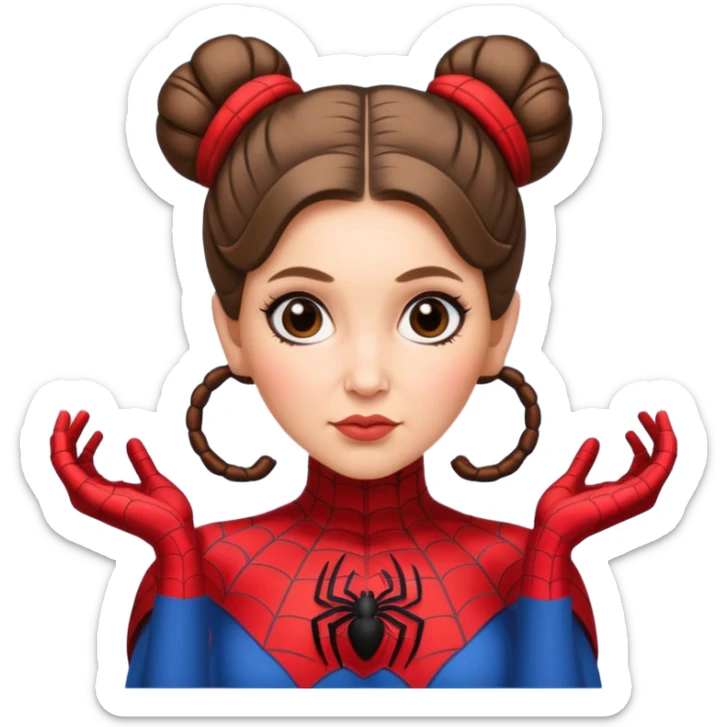 Princess Leia with iconic hair buns wearing a Spiderman suit, emoji style sticker