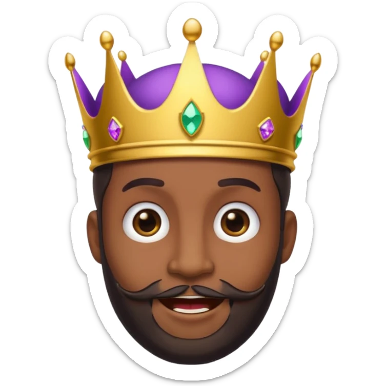 Create a cartoon-style emoji of Baltasar, one of the Three Wise Men. Only show his face and crown. He has a joyful expression, black beard, and a purple and gold crown with jewels. Make it colorful, simple, and suitable as an emoji. sticker