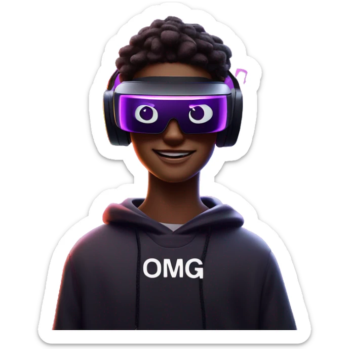 Happy student wearing a black hoodie with "OMG" letters on it and VR headset oculus quest 2 in a cyberpunk VR environment with violet neon lighting. sticker