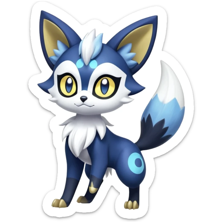 Shiny mExotic Colorfulj Excessive Mysterious Gothic Meowstic-Zorua-Poochyena-Pokémon-Fakémon-hybrid-creature (full body) with pattern-markings with golden eyes sticker