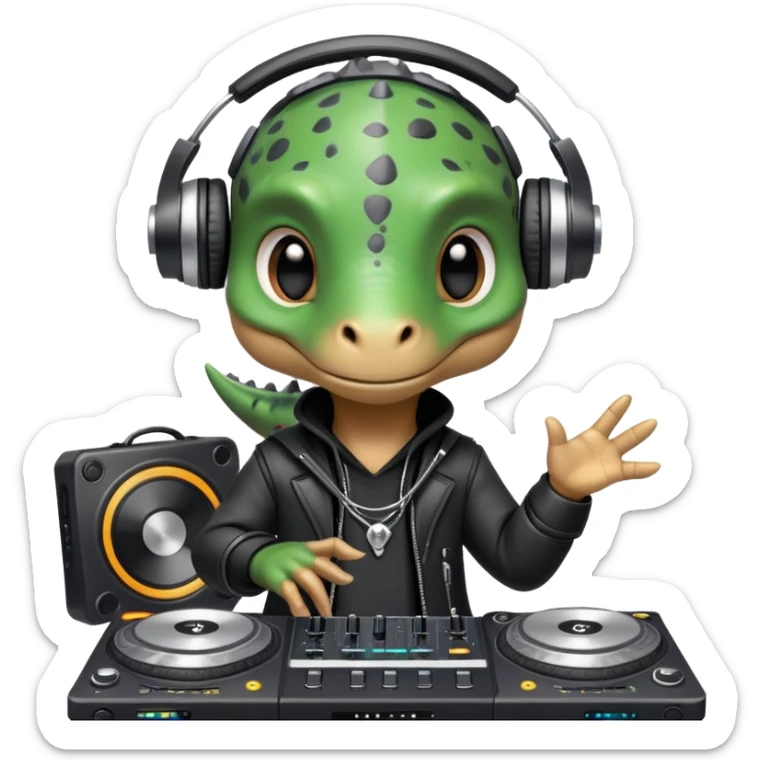 Dinosaurio muy tierno músico DJ con ropa negra futurista con nombre verexxo  sticker