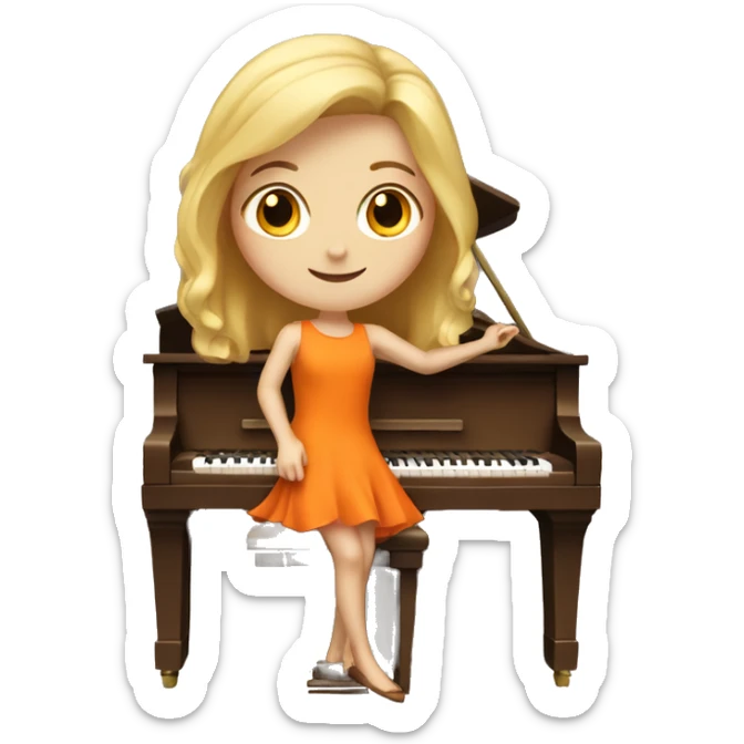 Blonde girl wearing an orange dress playing a brown upright piano sticker