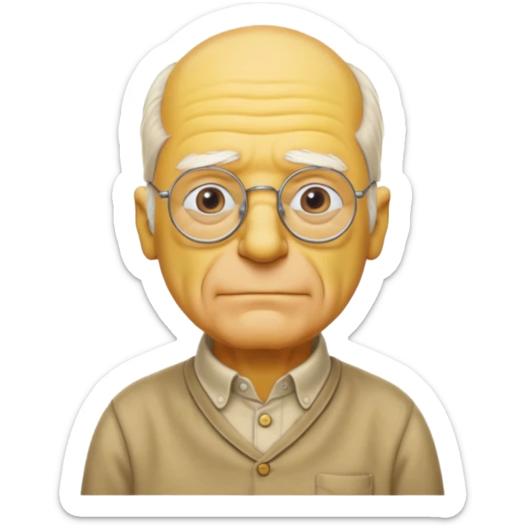 A 3D cartoon close-up of Grandpa Abe Simpson, yellow skin, bald head with side tufts of white hair, glasses, wrinkled face, beige shirt with collar, soft yellow lighting, cinematic Memoji-style portrait consistent with other Simpsons family members, yellow dress. sticker
